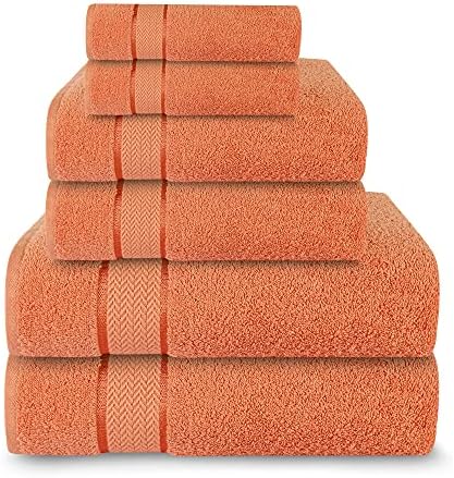Bath Towels Set-100% Cotton-2 Bath Towels, 2 Hand Towels & 2 Washcloths-Large, Quick Dry, Absorbent, Plush, Soft-Home, Spa, Hotel, Pool, Shower Towels -6 Piece Luxury Bathroom Towels - Coral / Orange