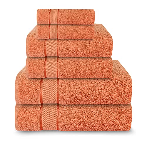 Bath Towels Set-100% Cotton-2 Bath Towels, 2 Hand Towels & 2 Washcloths-Large, Quick Dry, Absorbent, Plush, Soft-Home, Spa, Hotel, Pool, Shower Towels -6 Piece Luxury Bathroom Towels - Coral / Orange #TOP3