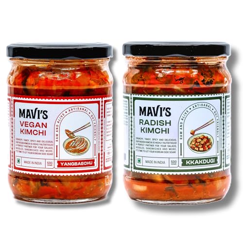 Image of MAVI's Kimchi | Vegan Kimchi & Radish Kimchi | Combo Pack of 2 | 500g Each | Korean Kimchi | 100% Natural & No Preservatives | Organic and Vegan | No Artificial Flavour or Colour | Probiotic Pickle