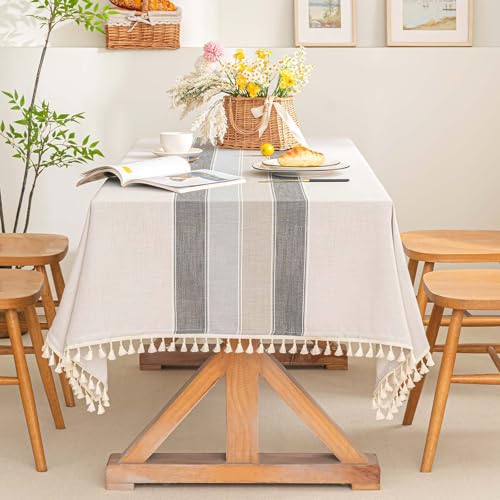 SIELUNO Nappe rectangulaire grise à rayures macarons, 140,7 x 218,4 cm, 6-8 places