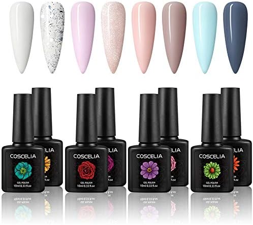 Gel Nail Polish Set 8pc 10ML Soak Off Gel Polish Kit Pure Nude Pink Gray Glitter Nail Gel Nail Lamp required Nail Art Manicure Kit