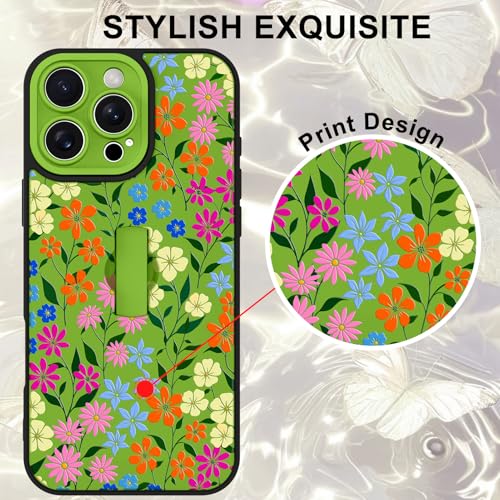 Image of for iPhone 16 Pro Max Case with Finger Strap Holder, Cute Colorful Floral Flower Print Pattern Design for Women Girls, Shockproof Anti Scratch Hand Kickstand Protective Cover, Green