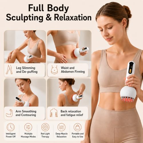 Image of Lymphatic Drainage Massager & Anti-Cellulite Tool for Legs Arms Belly Sculpting Machine with Microcurrent Light Heat Vibration Reduces Stretch Marks Rechargeable White