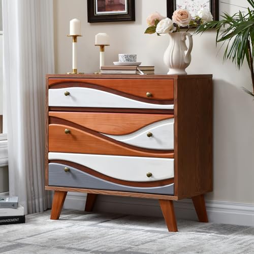 Ahokua 3-Drawer Dresser with Sculpted Wave Fronts, Tri-Color Drawer Design,