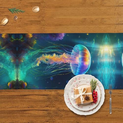 Chemin de table imprimé méduse océan pour repas de mariage chic