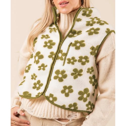 Womens Floral Print Fleece Vest Fall Winter Sherpa Sleeveless Jacket Lightweight Zip Up Cropped Gilet with Pocket4