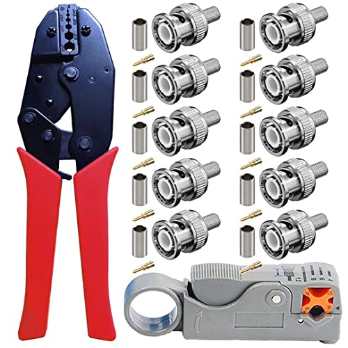 BNC Crimp Tool Set Rotary Coaxial Cable Stripper Ratchet Crimper with BNC Male Crimp Connectors for RG59 Cable