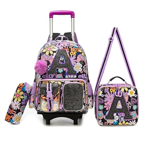 Image of Meetbelify 3 in 1 Backpack with Wheels for Girls Rolling Letter Backpack Cute Carry on Backpack Kids Luggage with Lunch Box Pencil Case for Elementary Student