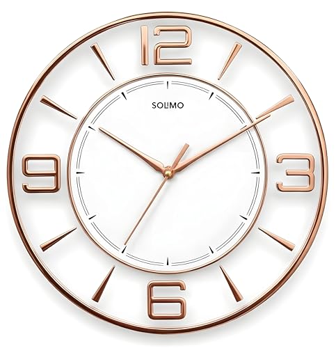 Image of Amazon Brand - Solimo 12 Inches Silent Wall Clock for Living Room Bedroom Office Wooden Look Plastic 3D Easy to Read Numbers Modern Stylish Sweep Movement Wall Clock for Home - 1611TS (White Copper)