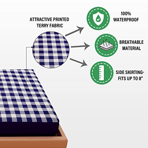 Image of Dream Care Waterproof Fitted Terry Cloth Printed Mattress Protector for King Size Bed with Elastic Strap - 78 inchX48 inch, Dark Blue