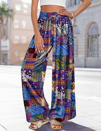 YESNO Women Summer Boho Palazzo Pants High Waist Wide Leg Floral Casual Cotton Lounge Trousers with Pockets PP03