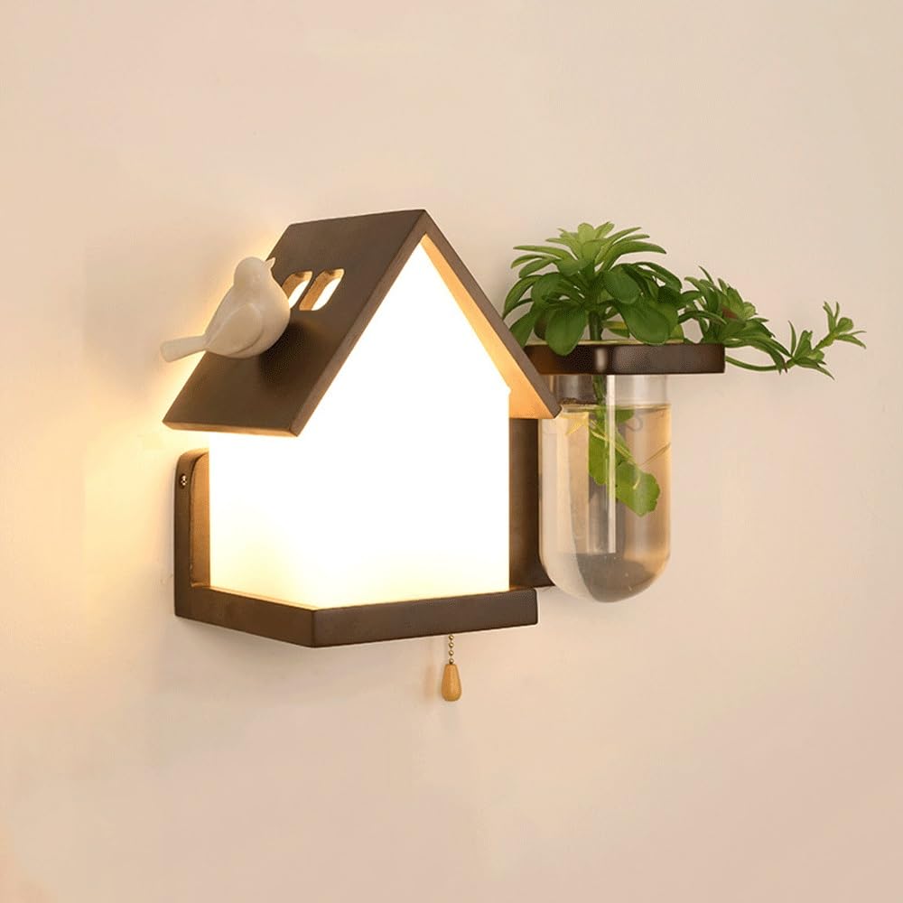SMCCYYSD Glass Wall Sconce Light with Pull Chain Switch, House-Shaped Design Lamps Farmhouse Sconces, Wooden Mount Fixture Indoor, E27 Socket Compatible