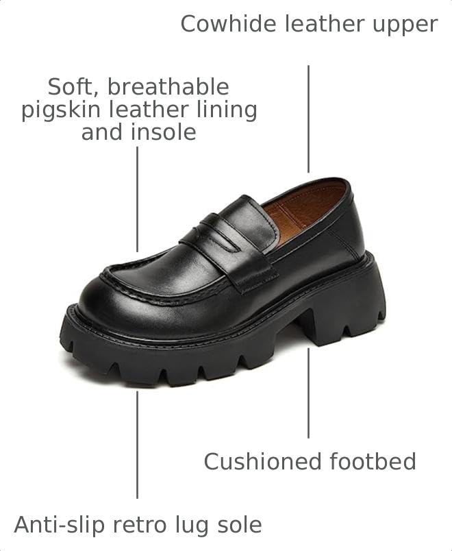 Image of BEAU TODAY Chunky Loafers Women Platform Penny Leather Lug Shoes