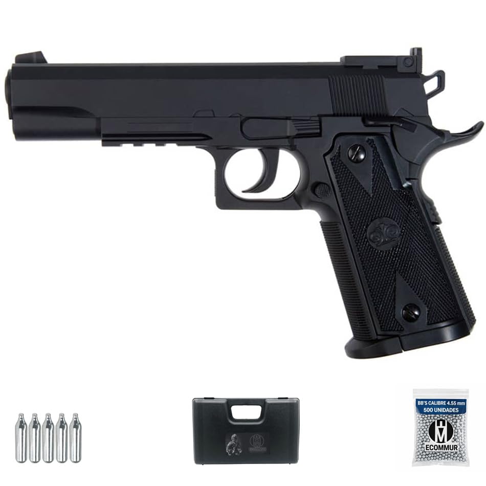 Pack de Pistola Aire comprimido Stinger 1911 CO2 4,5 mm Negra, maletín de Transporte, 5 bombonas y 500 BBS de Acero | Pack Pistolas de balines con Sistema CO2, maletin y 500 BBS