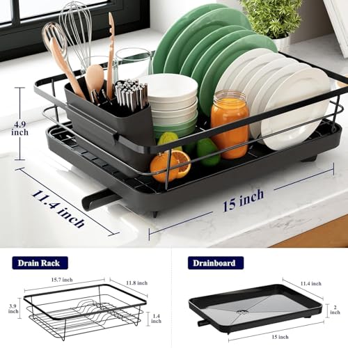 Image of HAKKU Black Dish Drainer Rack with Drip Tray, Stainless Steel Draining Dish Rack Drainer with Draining Board and Utensils Holder (Modern Black Rack)
