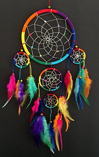 OMA Dream Catcher - Hand Made Traditional Multi Color Chakra Rainbow Dream Catcher with Tie Dye Feathers & Beads Dreamcatcher - 7