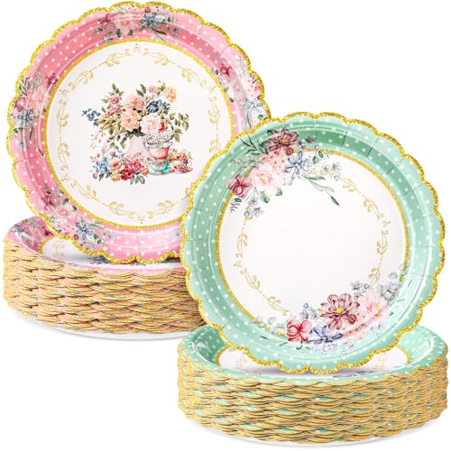 Newtay 50 Pcs Vintage Floral Paper Plates Tea Party Dessert Plates 7 Inch Disposable Flower Vintage Paper Floral Gold Foil Edge Party Decor for Birthday Baby Shower Decor Supplies