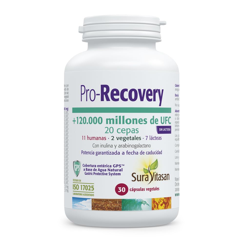 SURA VITASAN Pro-Recovery Probiótico de Alta Potencia 30 Cápsulas con Cobertura Entérica GPS™ – 120.000 Millones de UFC, 20 Cepas – para Salud Digestiva y Restauración de la Flora Intestinal
