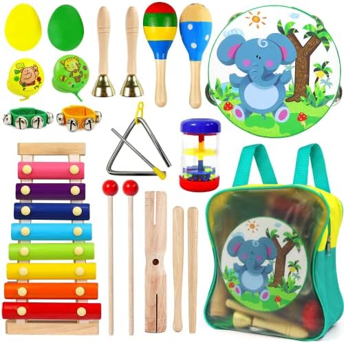 Toddler Musical Instruments, Wooden Percussion Instruments Toys for Kids Children, Kids Musical Instruments with Xylophone Maracas Tambourine, Preschool Education Learning Musical Toys for Boys Girls