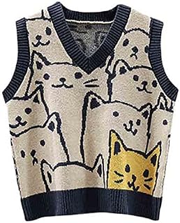 Dawwoti Womens Knitted Sweater Vest Sleeveless Pullovers Jumpers Cat Pattern Sweatshirts for Winter Autumn Spring