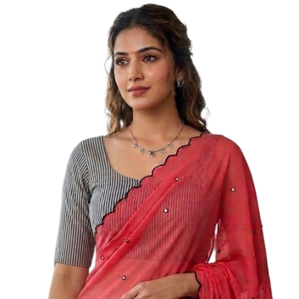 Linen Cotton Saree for Women | Mirror Work Saree with Blouse Piece | Linen Saree with Scallop Border | Saree for Wedding, Festive & Casual Wear-image-9