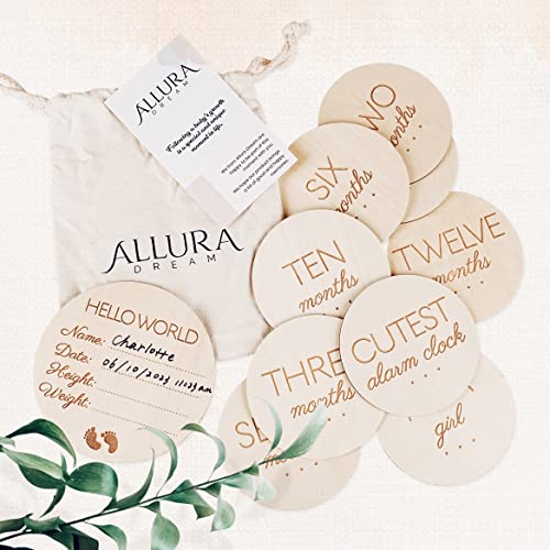 Image of Allura Dream - Baby Monthly Milestone Wooden Circles and Baby Birth Announcement Sign. Set of 11 Double Sided Cards Including Baby Milestone Discs, Hello World Newborn Sign and Cute Baby Phrases