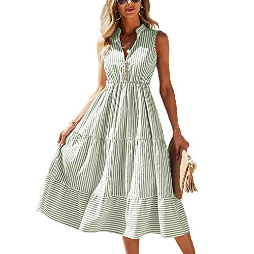 Image of BROVAVE Womens 2026 Summer Sleeveless Shirt Dress Collar Striped V Neck Casual Midi Dresses