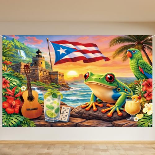 7 x 5 FT Puerto Rico Flag Backdrop Tropical Puerto Rican Theme Hanging Photo Background with Castle Flag Frog and Hibiscus Flowers Vibrant Heritage Photography Booth Prop Cultural Decorations