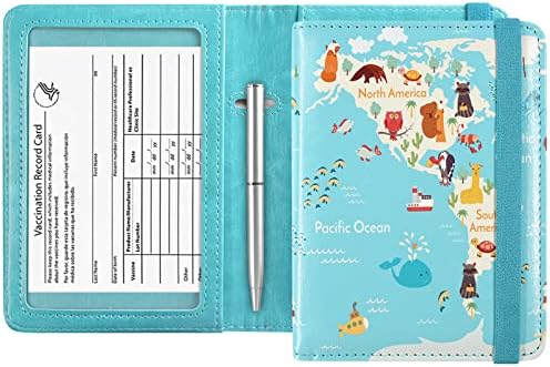 ACdream Passport and Vaccine Card Holder Combo, Cover Case with CDC Vaccination Card Slot, Leather Travel Documents Organizer Protector, with RFID Blocking, for Women and Men, Map