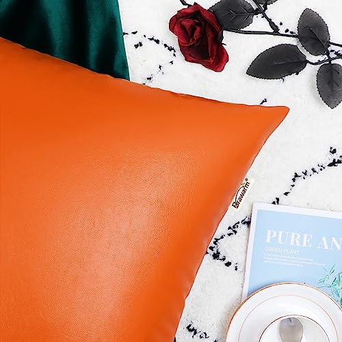 Image of BRAWARM Pack of 2 Cozy Bolster Pillow Covers Cases for Couch Sofa Bed Solid Faux Leather Soft Luxury Cushion Covers Both Sides Home Decoration 12 X 20 Inches Orange Rust
