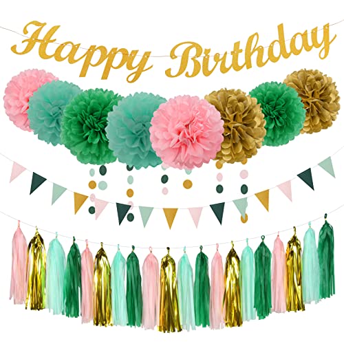 Image of Sage-Green Pink Mint Gold Birthday Decorations - 31pcs Party Kits Happy Birthday Banner Flags,Tissue Paper Pom Poms,Circle Dots Garland,Tassel Streamers,40th 50th Women Men Birthday Decor Panduola