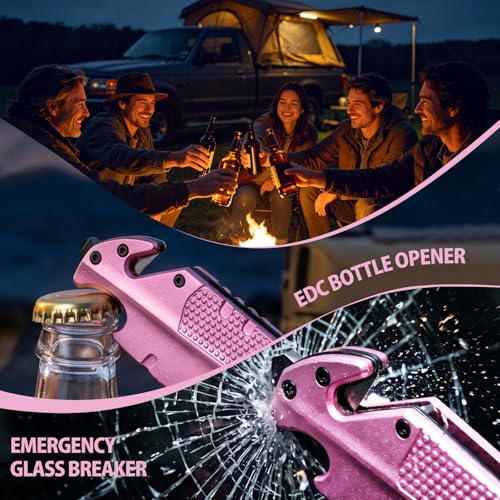 Image of NedFoss FA48 Pink Pocket Knife for Women, 5-in-1 Tactical Knife with Clip | Lightweight Aluminum Handle, Glass Breaker, Seatbelt Cutter, Bottle Opener, Pink Knife for Car Emergency Camping EDC Utility