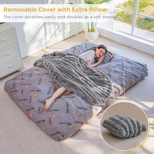 Image of MAXYOYO Giant Bean Bag Chair Bed with Pillow, Convertible Beanbag Sofa to Floor Bed, Lazy Chair Couch with Removable Cover, High-Density Shredded Foam Filling, Cozy Lounge for Bedroom Living Room