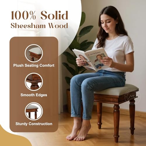 Image of NSH Sheesham Wood Square Top Seating Stool with Cushion | Elegant & Premium Handcrafted Side Table | Multipurpose Footrest, Portable Stool for Living, Bedroom & Lounge | Teak Finish, 1 Wooden Stool