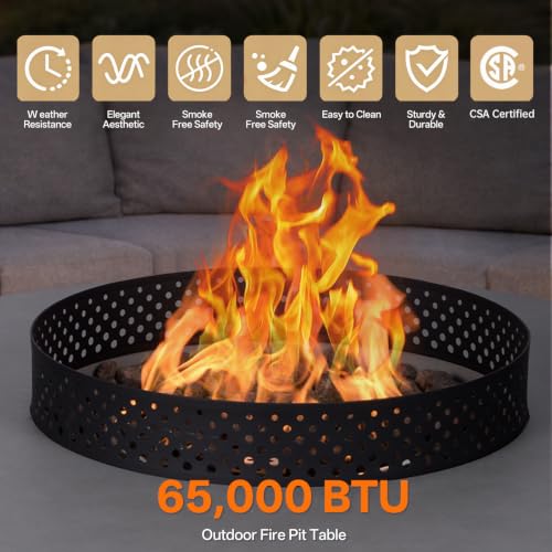 Image of Gas Fire Pits for Outside Patio, 42 Inch 3-PC Propane Fire Pit Table | 65,000 BTU Round Gas Firepit, with Wind Guard, Tank Cover, Rain Cover and BBQ Grill for Garden, Patio, Grey