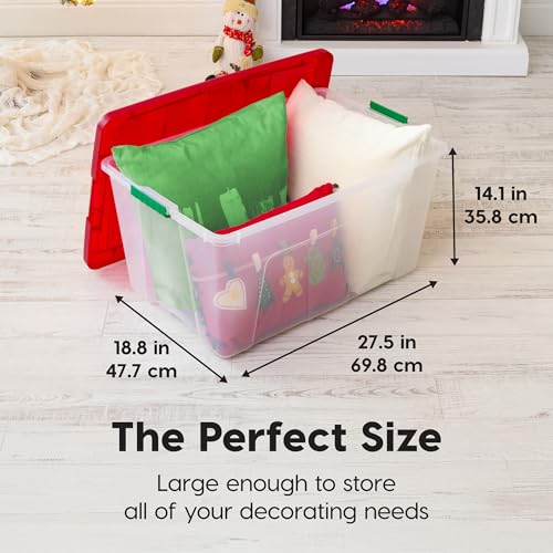 IRIS USA 94 Qt. Stackable Plastic Storage Bins with Lids, 2 Pack - BPA-Free, See-Through Organizing Solution, Latches, Durable Nestable Containers, Secure Pull Handle, Made in USA - Red - Image 3