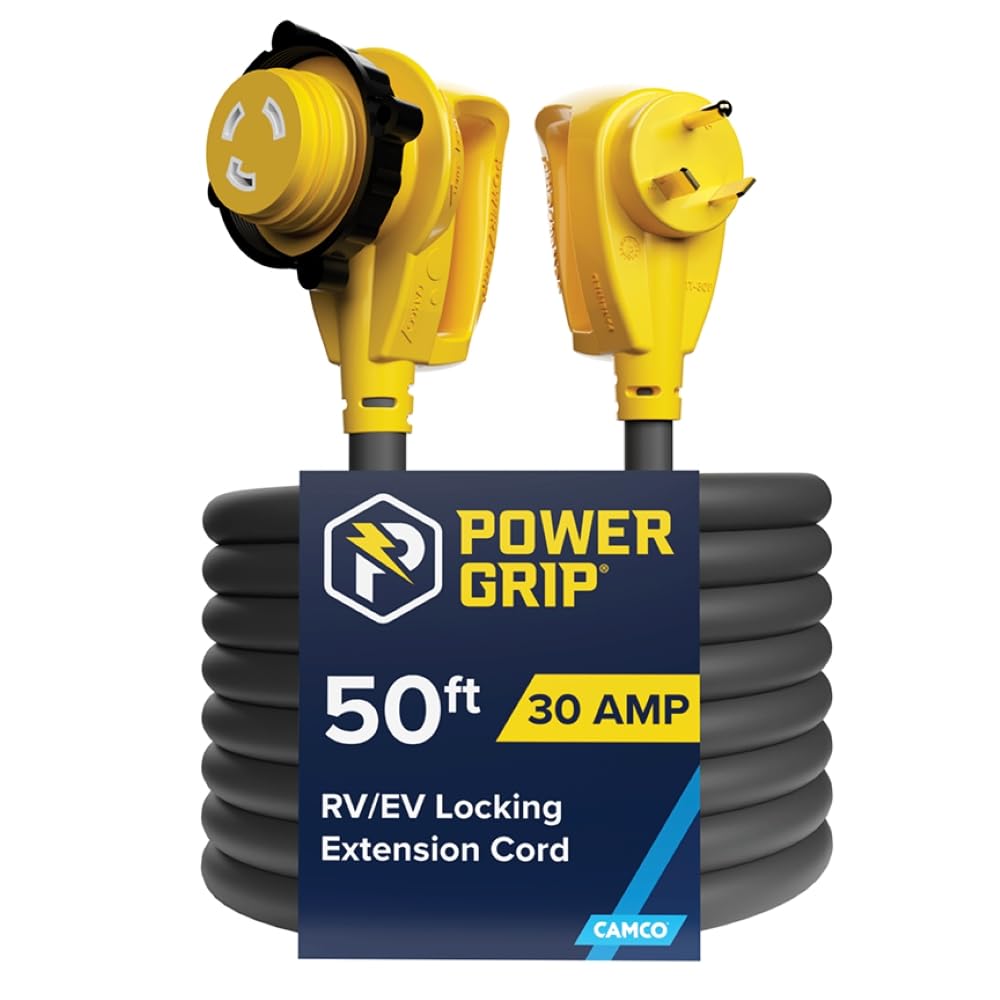 CamcoPower Grip 50-Ft 30 Amp RV Extension Cord w/90° Locking End - Rated for 125V / 3,750W - Features Threaded Locking Ring for Weatherproof Connection & 10-Gauge Copper Wire (55525)