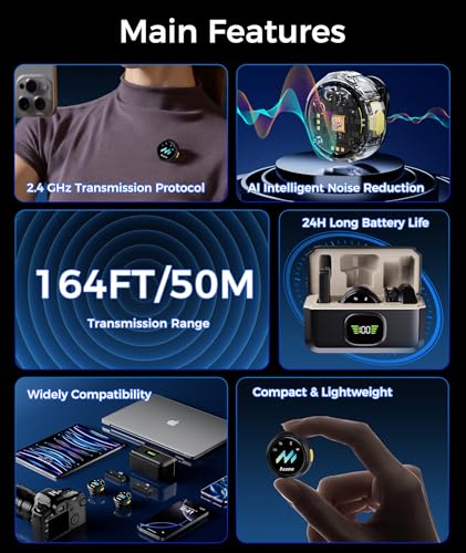 Image of Wireless Lavalier Microphone for iPhone & Android Phones, Noise Reduction & Hi-Fi Audio & 24H Duration & 50M Range, Clips-on Magnetic Lapel Mic for Video Recording /Live Stream /Vlog /Podcast /Interview