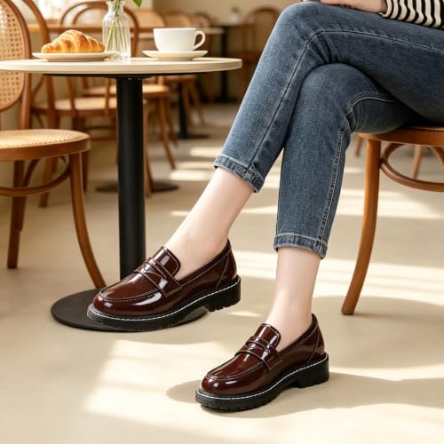Image of Black Penny Loafers for Women, Shiny Comfortable Dress Work Shoes