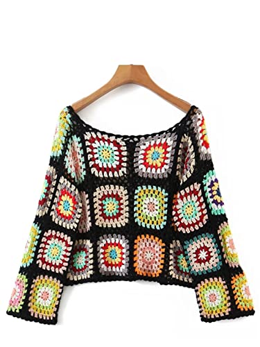 Bciopll Woman Ethnic Colored Plaid Flower Plaid Hand Crochet Pullovers O Neck Full Sleeve Crop Sweater Knitwear Loose3