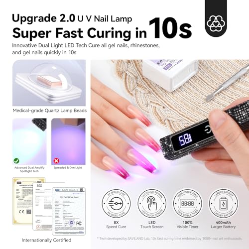 Image of SAVILAND Mini Handheld U V Light for Gel Nails, Glitter Black, 12W | 10s Flash Cure Lamp, 400mAh USB Rechargeable Battery, 2-Timer Setting, LED Display, Cordless, Portable, Home and Travel Use