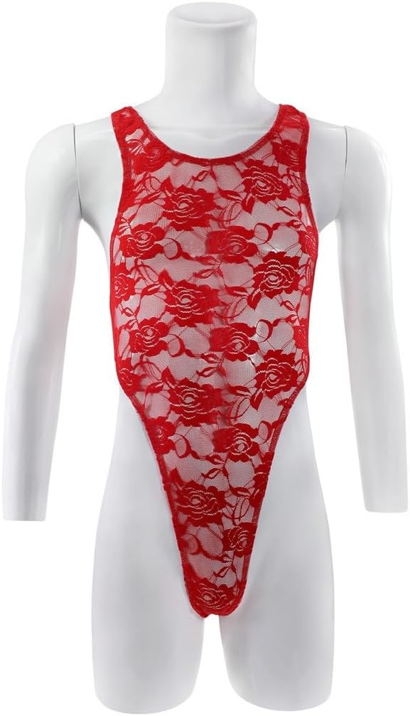 Men's Sexy Rose Lace High Cut One-Piece Undershirt Overall Muscle Shirt Skinny Bodysuit Clubwear