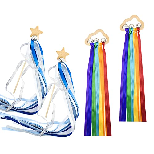 Surplex 2 Juguetes con Anillo de Cinta Arcoíris de Madera + 2 Varitas de Estrella de Princesa Campanas Mano Cometa, Juguete Sensorial Montessori para Recién Nacidos Niños Pequeños Bebés