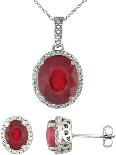 Juego de collar de aretes de rubí genuino mejorados con halo de diamantes de oro blanco de 10 quilates, ovalado de 0.276 x 0.197 in y 0.472 x 0.394