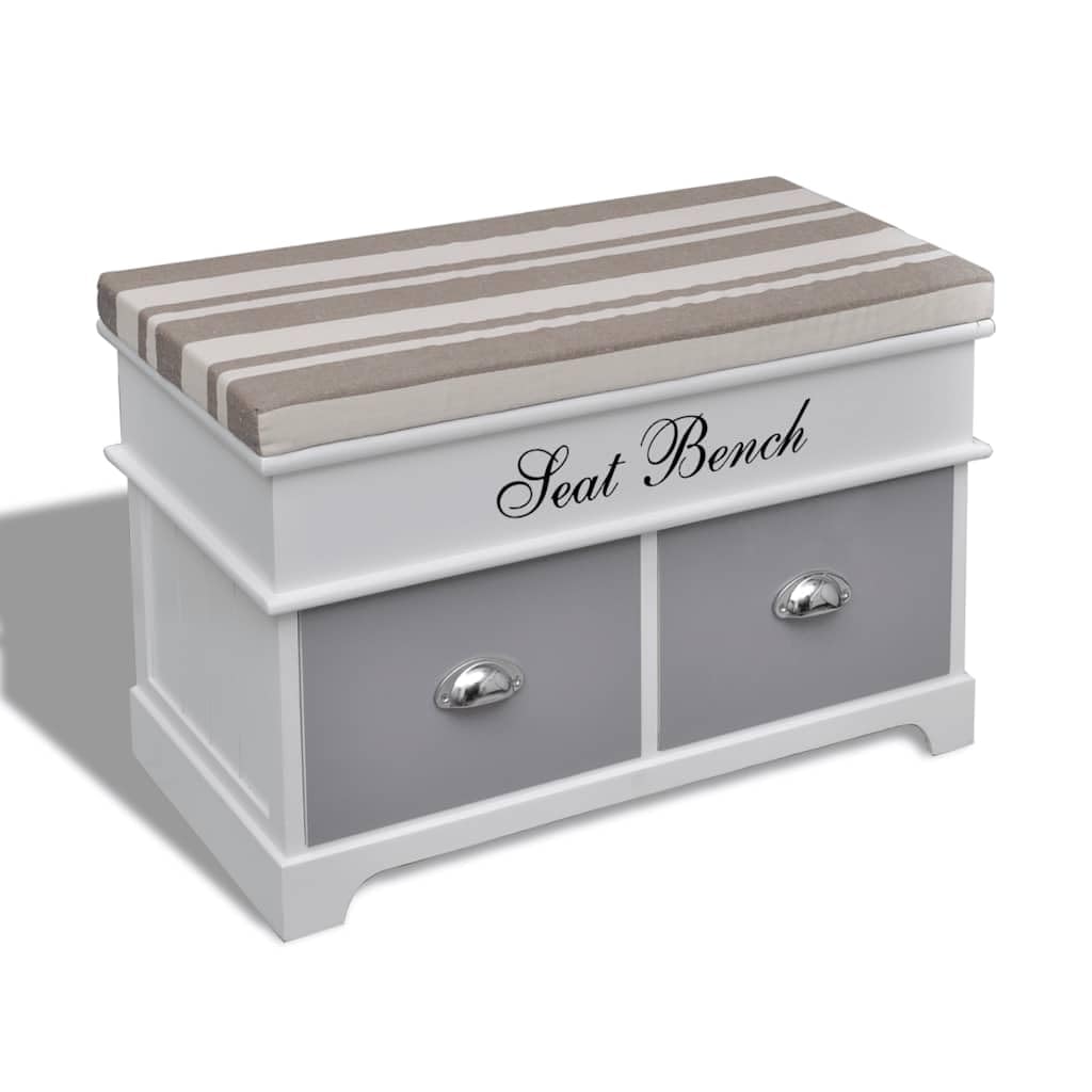 Banco con cojines y dos cajones, 69 x 34 x 45 cm, de madera de paulownia, práctico banco de almacenamiento para pasillo, dormitorio, habitación infantil, versátil, duradero, blanco