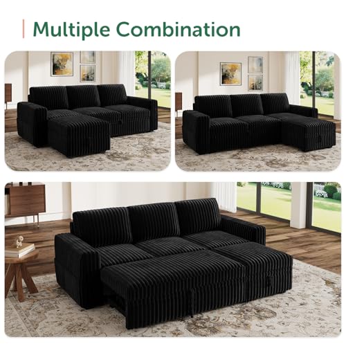 Image of HONBAY Modular Sectional Sofa with Pull Out Bed,Corduroy L Shaped Sleeper Sofa with Storage, Sectional Couches for Living Room,Black