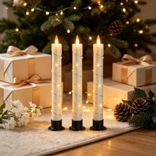 Image of 3 Pack Ivory Dripping Wax Flameless Candles, Realistic Dynamic Flame LED Taper Candles with Surrounding Fairy String Lights, Remote Control Battery Operated Candles for Home Wedding Holiday Decor