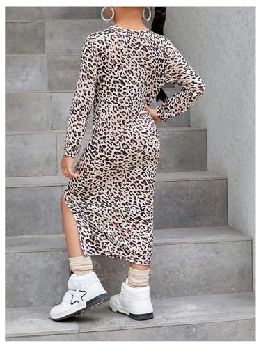 Floerns Toddler Girl's Leopard Print Long Sleeve Cheetah Midi Dress Y2k Split Side Bodycon Dresses2