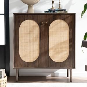 Rattan Sideboard with Storage Modern Kitchen Buffet Accent Cabinet with 2 Doors Wooden Cabinet for Dining Room Entryway Living Room Dark Walnut