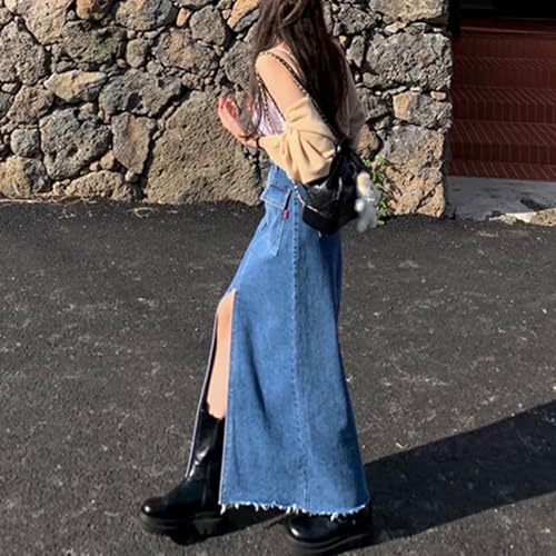 Jean Skirts for Women High Waisted Front Slit Casual Stretchy Long Denim Skirts with Flap Pockets3